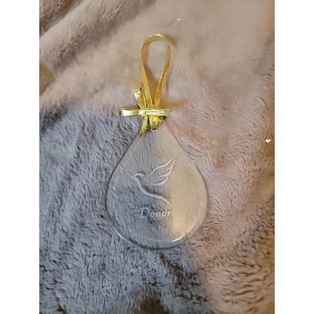 Glass Donor Ornament Teardrop w/ Dove & Gold Ribbon